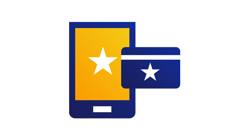 A mobile device with a star on its screen next to a credit card with a star on it. A mobile device with a star on its screen next to a credit card with a star on it.